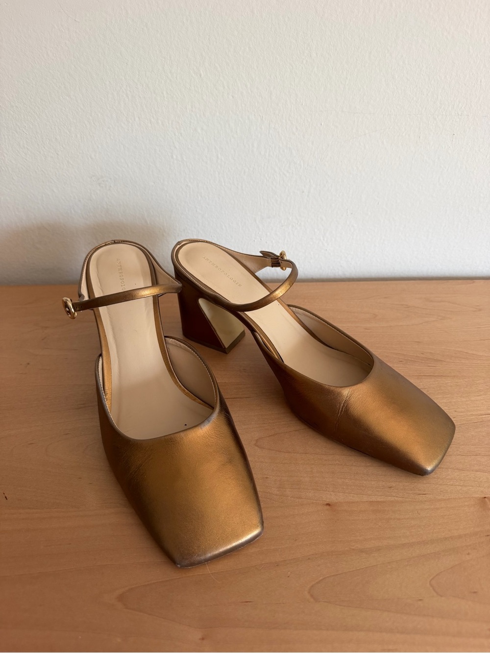 Anthropologie Metallic Bronze Square-Toe Block Heel Mary Janes